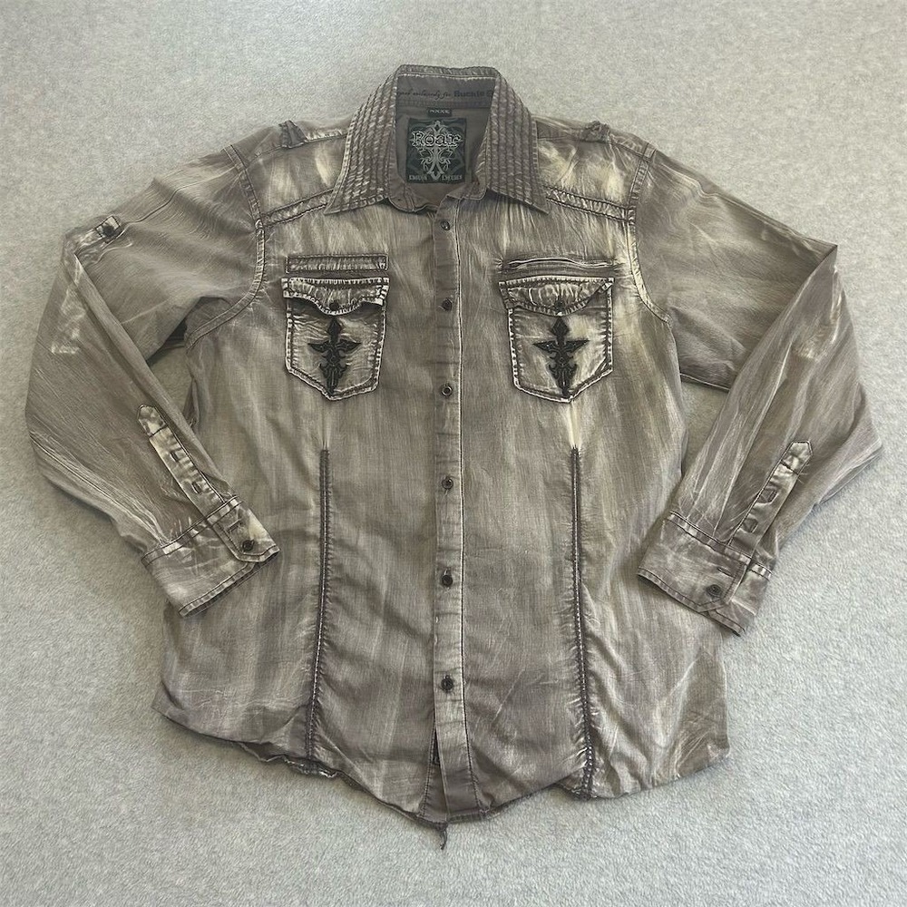 Roar Shirt Men's XXXL Gray‎ Embroidered Western Casual Y2K Buckle Acid Wash